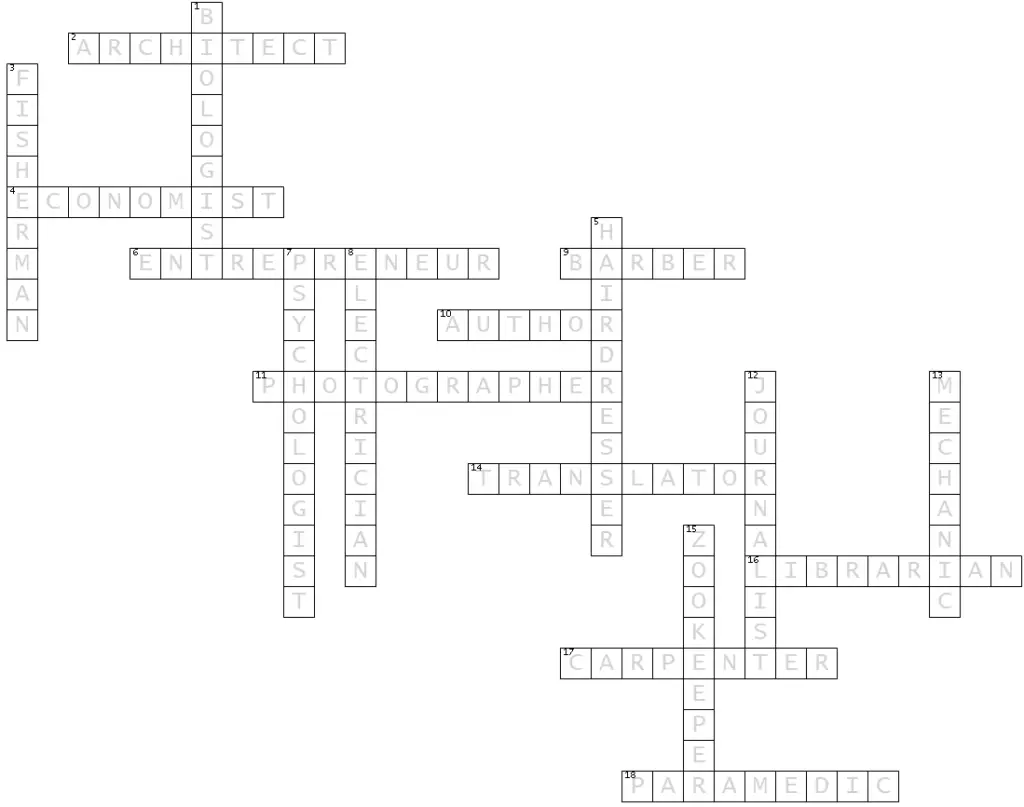 crossword profesiones en ingles con respuestas